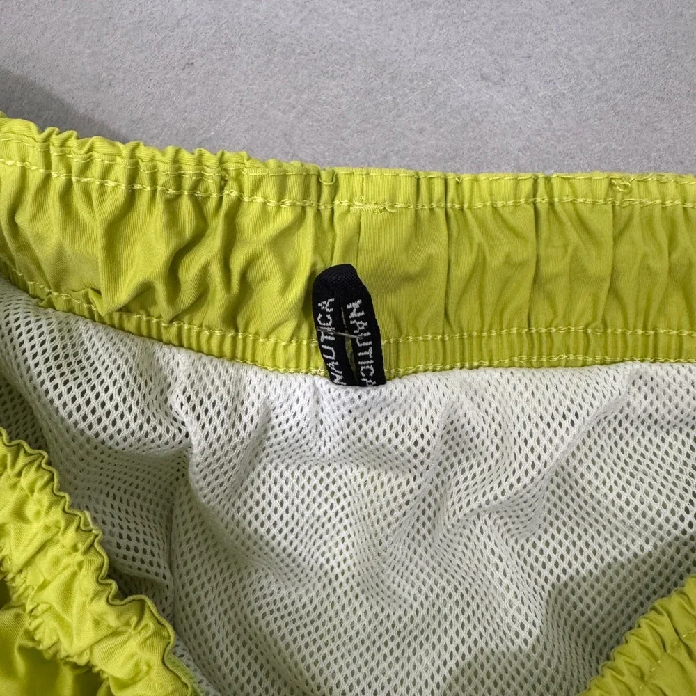Nautica Swim Trunks Men Large Neon Green Blue Striped Vintage Mesh Lined Shorts